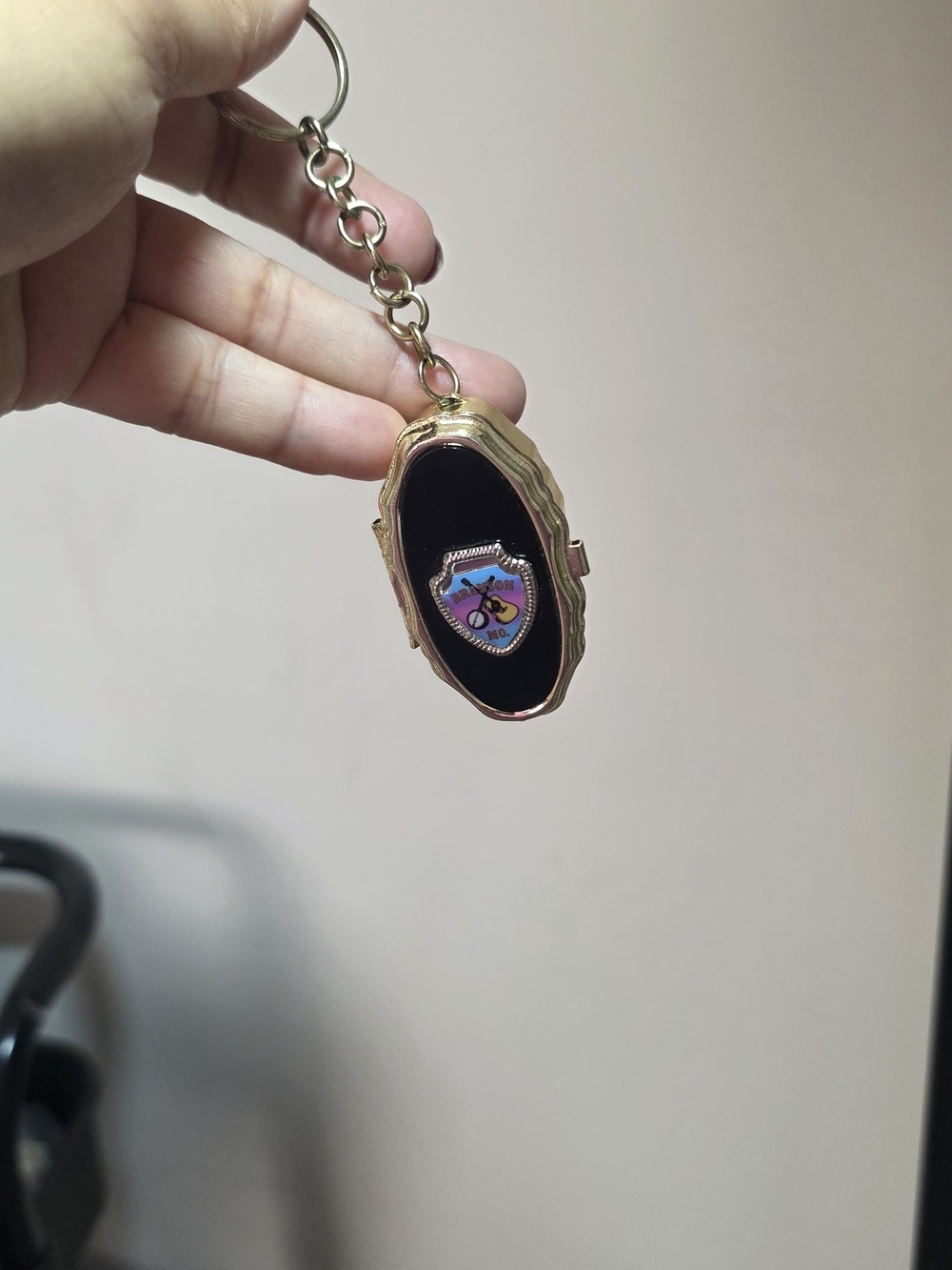 Gold-Tone Black Enamel Shield Keychain Pill Box